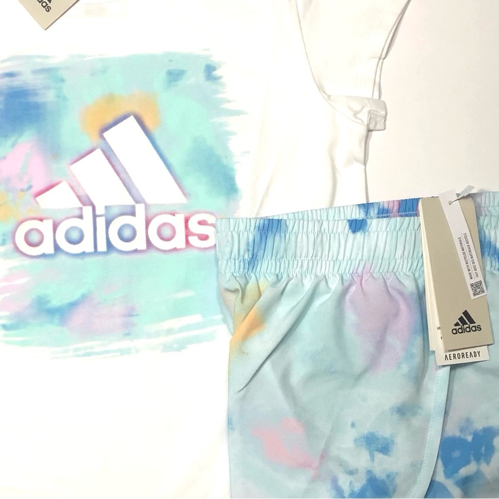 Girls 2 pc Short Set Adidas Athletic Tee Shirt Youth Sports Active Wear S+ Plus